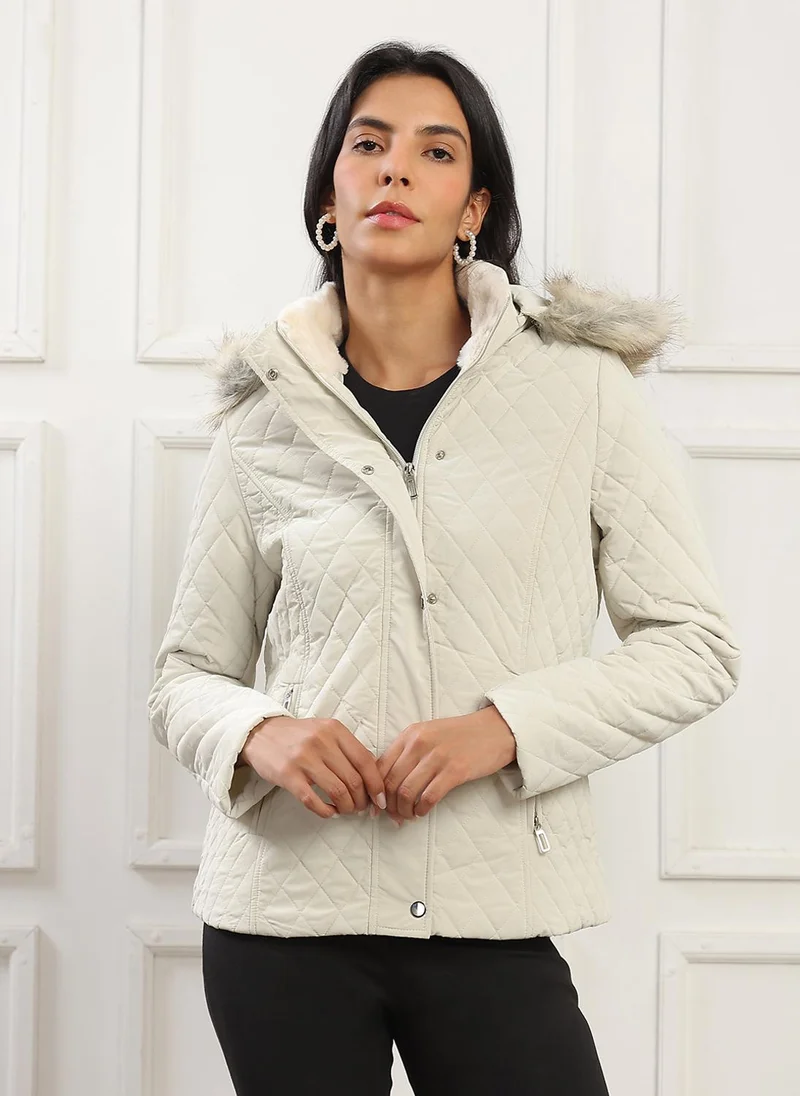 جلو باص Globus Women Cream Mock Neck Winter Wear Insulator Puffer Jacket With Detachable Faux Fur Hood